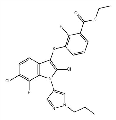Bensoehape, 3-[[2,6-dikloro-7-fluoro-1-(1-propüül-1H-pürasool-4-üül) )-1H-indool-3-üül]tio]-2-fluoro-, etüülester (ACI) CAS nr: 1782070-79-4